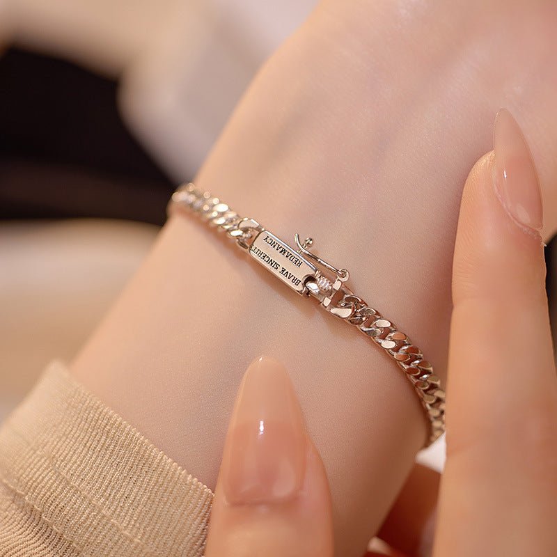 Personalized Square English Cuban Link Bracelet | 925 Sterling Silver Plated White Gold - Adjustable for Couples - Aruary Studio ｜ Artisanal Jewelry