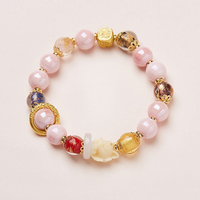Pink Porcelain Nine - Tailed Fox Glass Bracelet | Gold Foil Beaded Luck Bracelet - Aruary Studio ｜ Artisanal Jewelry
