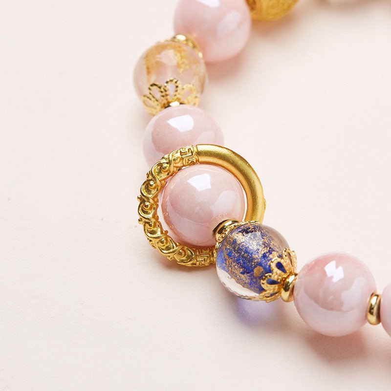 Pink Porcelain Nine - Tailed Fox Glass Bracelet | Gold Foil Beaded Luck Bracelet - Aruary Studio ｜ Artisanal Jewelry
