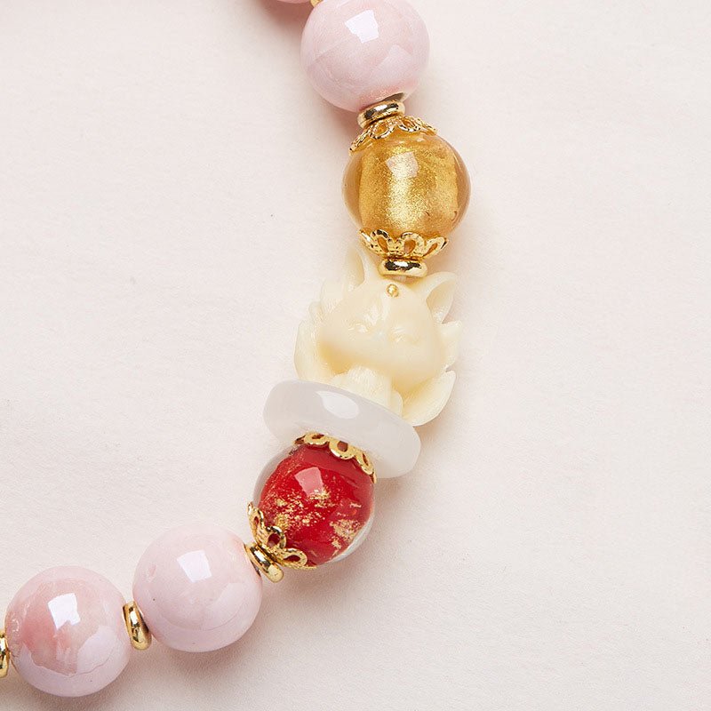 Pink Porcelain Nine - Tailed Fox Glass Bracelet | Gold Foil Beaded Luck Bracelet - Aruary Studio ｜ Artisanal Jewelry