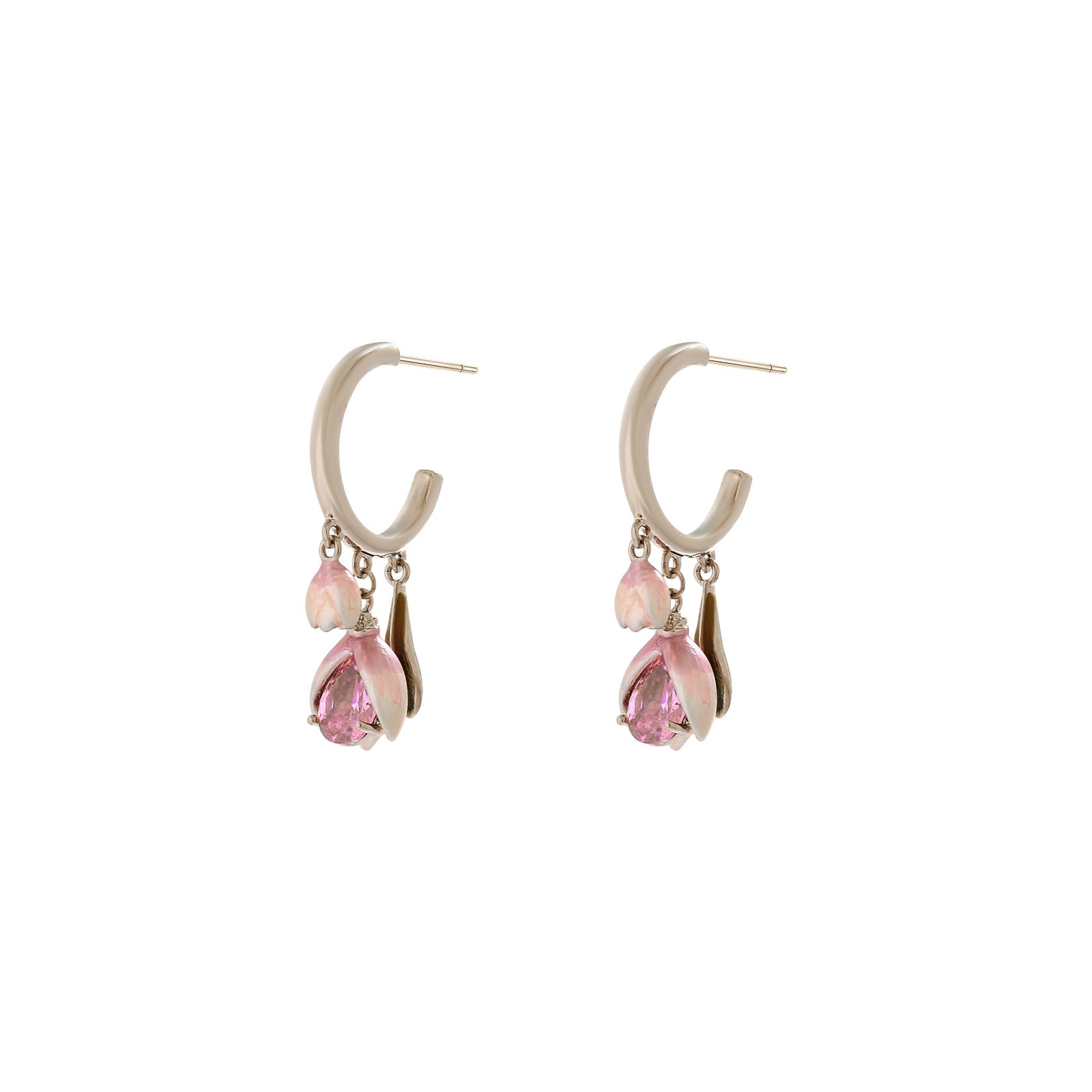 Pink Tulip Hoop Earrings | Copper + 3A Zircon - Romantic Floral Elegance with Delicate Sparkle - Aruary Studio ｜ Artisanal Jewelry
