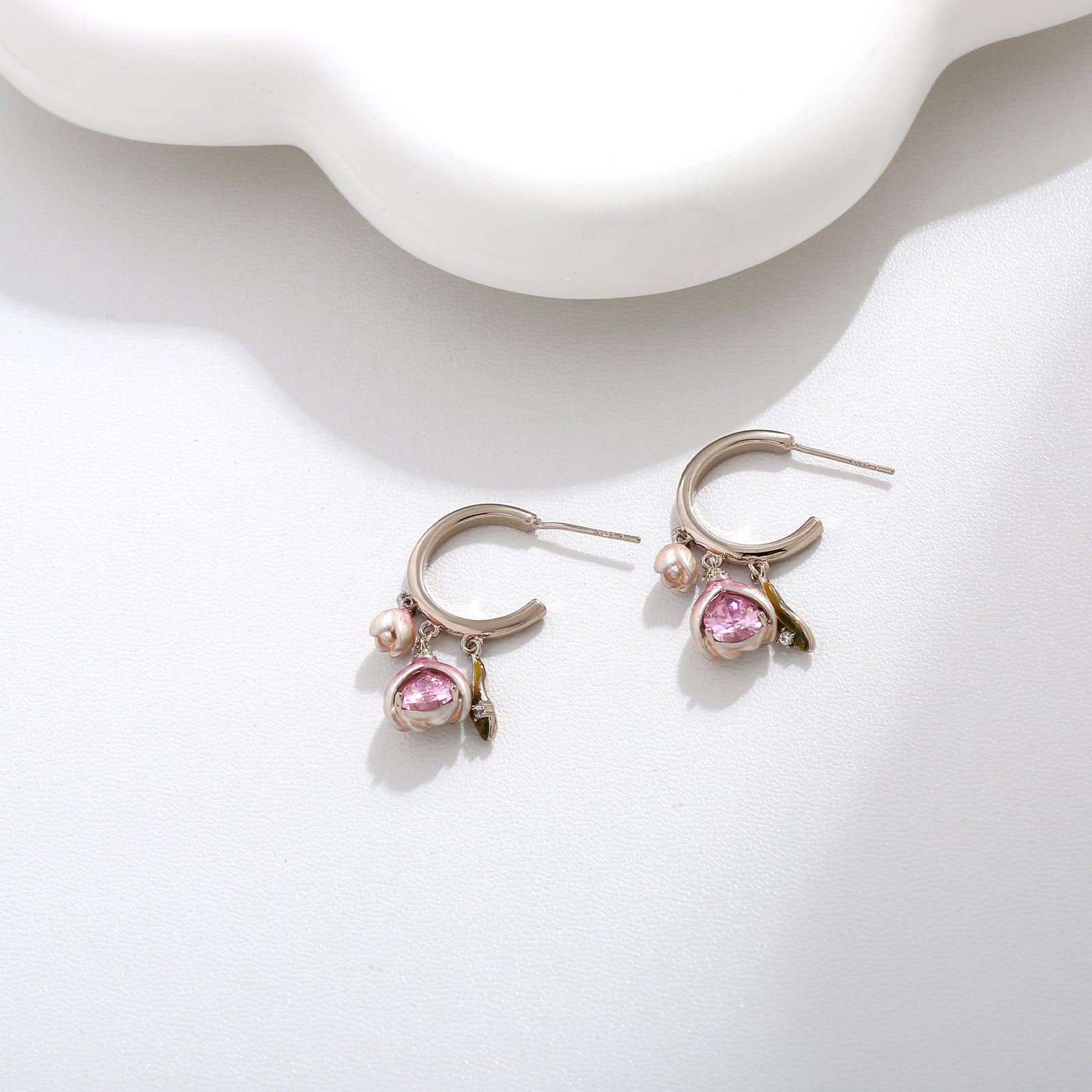 Pink Tulip Hoop Earrings | Copper + 3A Zircon - Romantic Floral Elegance with Delicate Sparkle - Aruary Studio ｜ Artisanal Jewelry