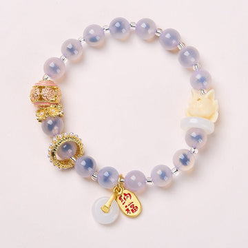 Pink/Blue Caramel Agate Nine - Tailed Fox Bracelet | 8mm Luck & Prosperity Bracelet - Aruary Studio ｜ Artisanal Jewelry