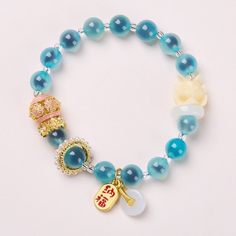 Pink/Blue Caramel Agate Nine - Tailed Fox Bracelet | 8mm Luck & Prosperity Bracelet - Aruary Studio ｜ Artisanal Jewelry