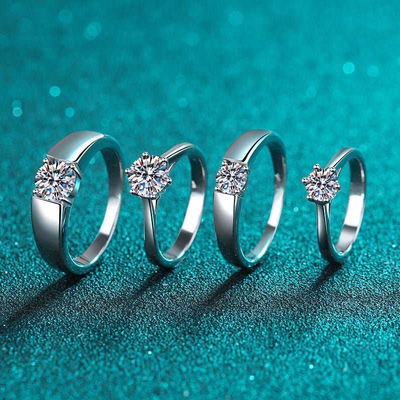 Platinum - Plated Sterling Silver Moissanite Couple Rings - Symbol of Eternal Love - Aruary Studio ｜ Artisanal Jewelry