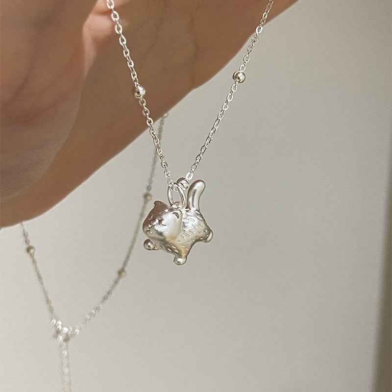 Playful Kitten S925 Sterling Silver Necklace | Cute Cat Clavicle Chain for Feline Enthusiasts