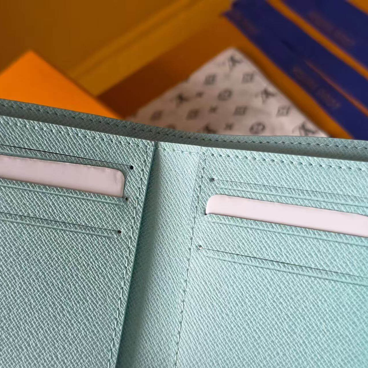 Premium Grained Leather Victorine Style Wallet | Compact Tri - Fold Monogram Purse (12 x 9.5 x 2.5 cm) | Sky Blue Luxury Inspired Small Leather Good - Aruary Studio ｜ Artisanal Jewelry