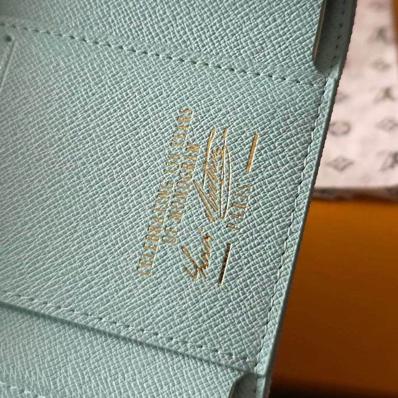 Premium Grained Leather Victorine Style Wallet | Compact Tri - Fold Monogram Purse (12 x 9.5 x 2.5 cm) | Sky Blue Luxury Inspired Small Leather Good - Aruary Studio ｜ Artisanal Jewelry