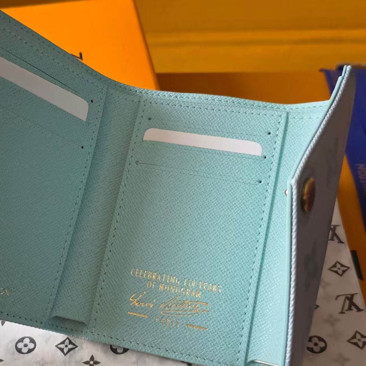 Premium Grained Leather Victorine Style Wallet | Compact Tri - Fold Monogram Purse (12 x 9.5 x 2.5 cm) | Sky Blue Luxury Inspired Small Leather Good - Aruary Studio ｜ Artisanal Jewelry