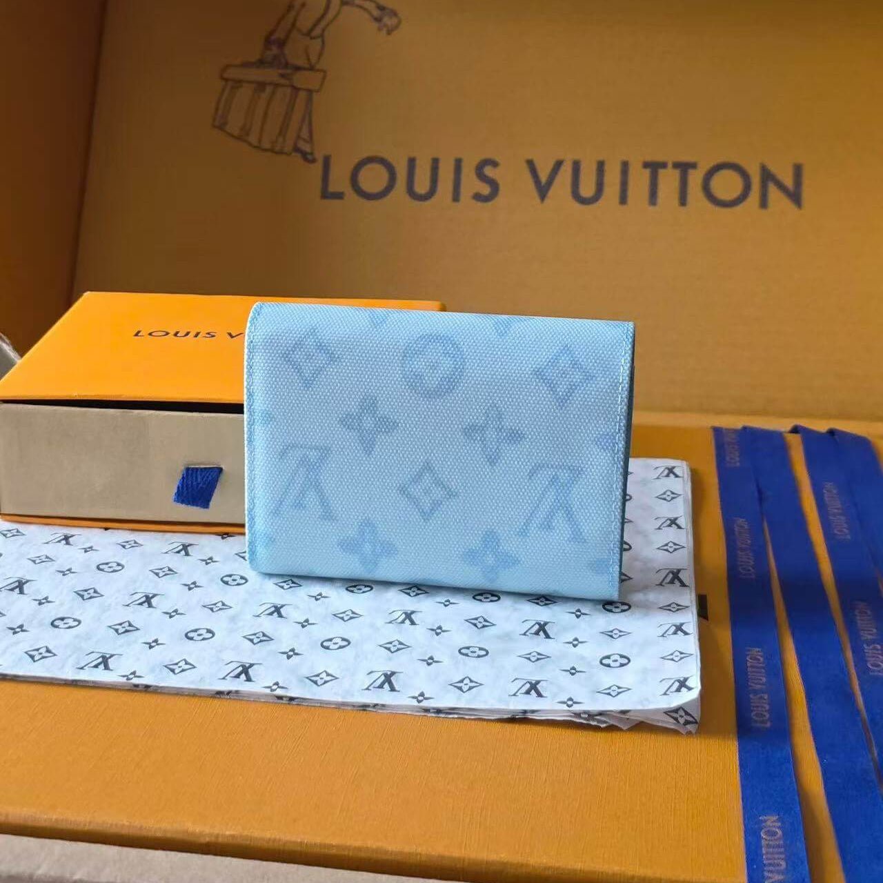 Premium Grained Leather Victorine Style Wallet | Compact Tri - Fold Monogram Purse (12 x 9.5 x 2.5 cm) | Sky Blue Luxury Inspired Small Leather Good - Aruary Studio ｜ Artisanal Jewelry