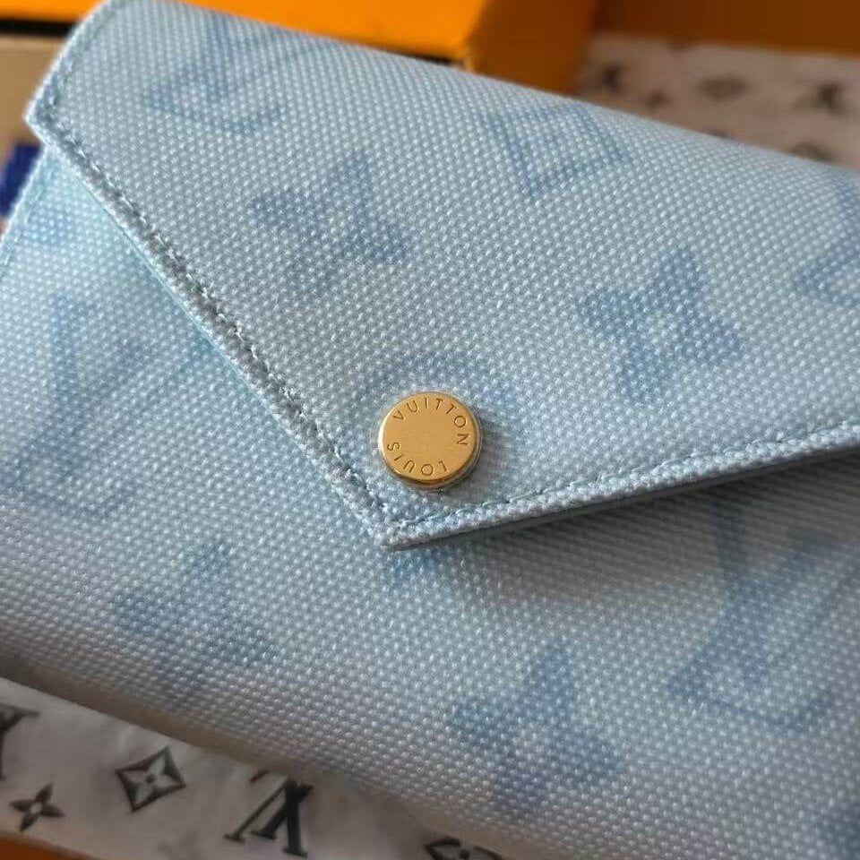 Premium Grained Leather Victorine Style Wallet | Compact Tri - Fold Monogram Purse (12 x 9.5 x 2.5 cm) | Sky Blue Luxury Inspired Small Leather Good - Aruary Studio ｜ Artisanal Jewelry