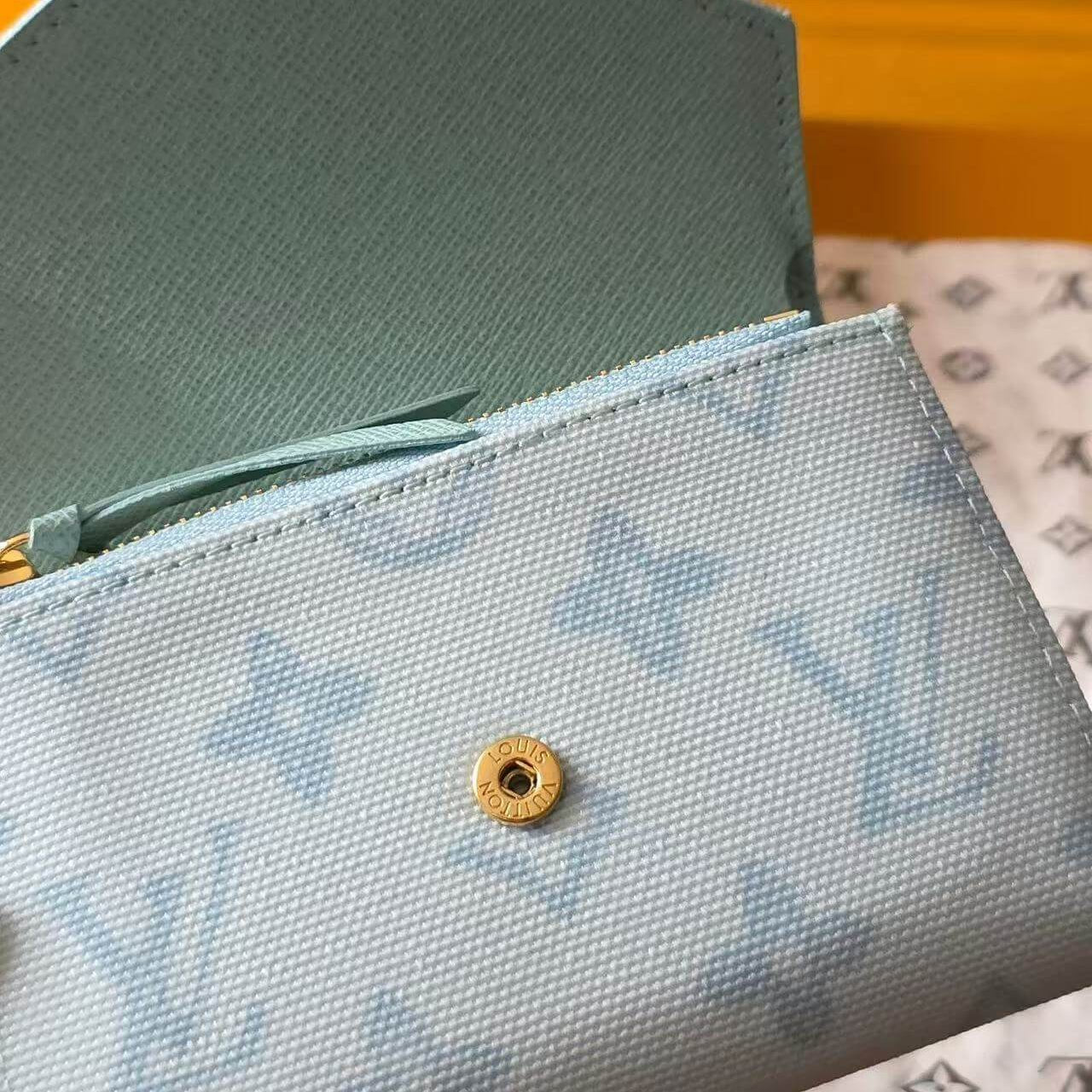 Premium Grained Leather Victorine Style Wallet | Compact Tri - Fold Monogram Purse (12 x 9.5 x 2.5 cm) | Sky Blue Luxury Inspired Small Leather Good - Aruary Studio ｜ Artisanal Jewelry