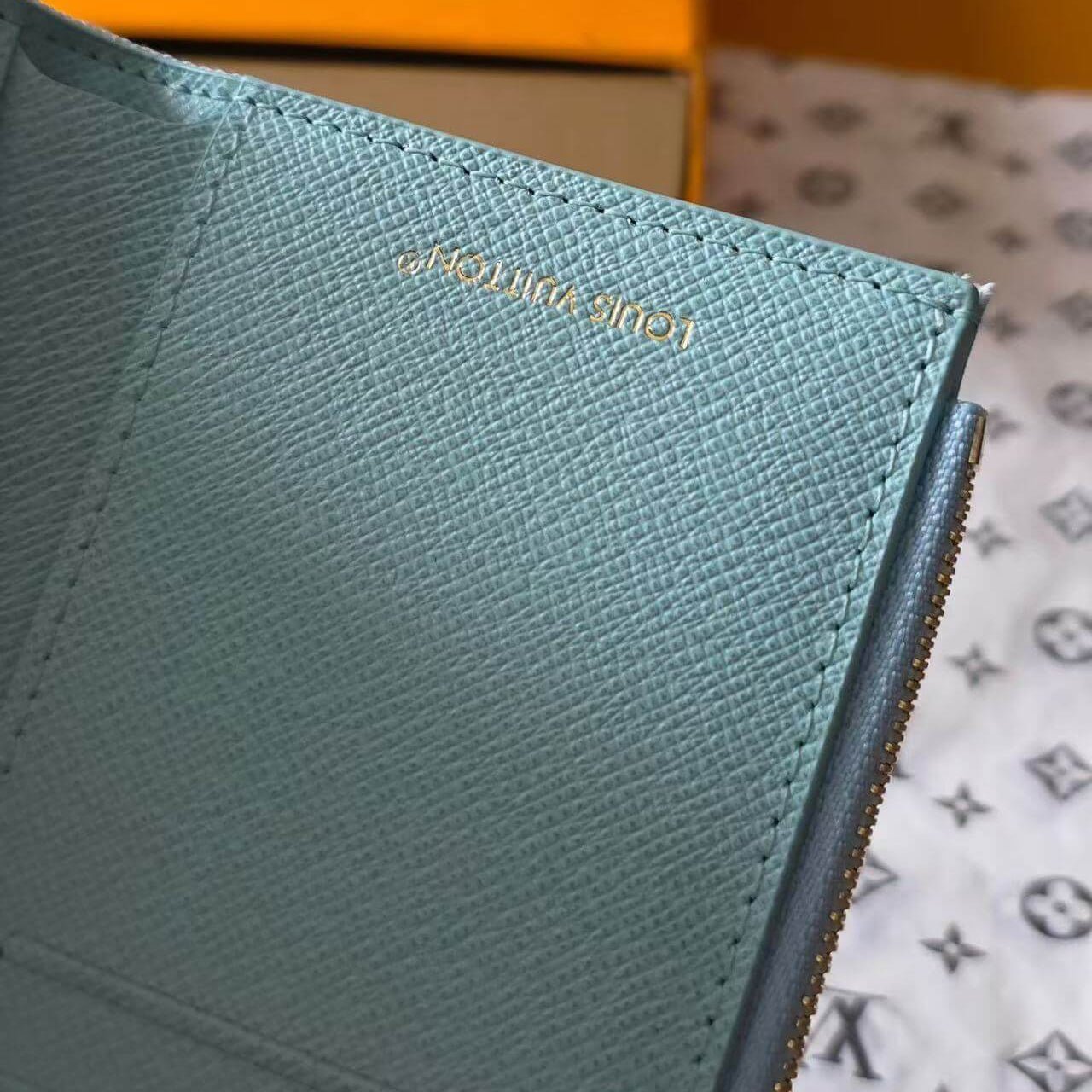 Premium Grained Leather Victorine Style Wallet | Compact Tri - Fold Monogram Purse (12 x 9.5 x 2.5 cm) | Sky Blue Luxury Inspired Small Leather Good - Aruary Studio ｜ Artisanal Jewelry