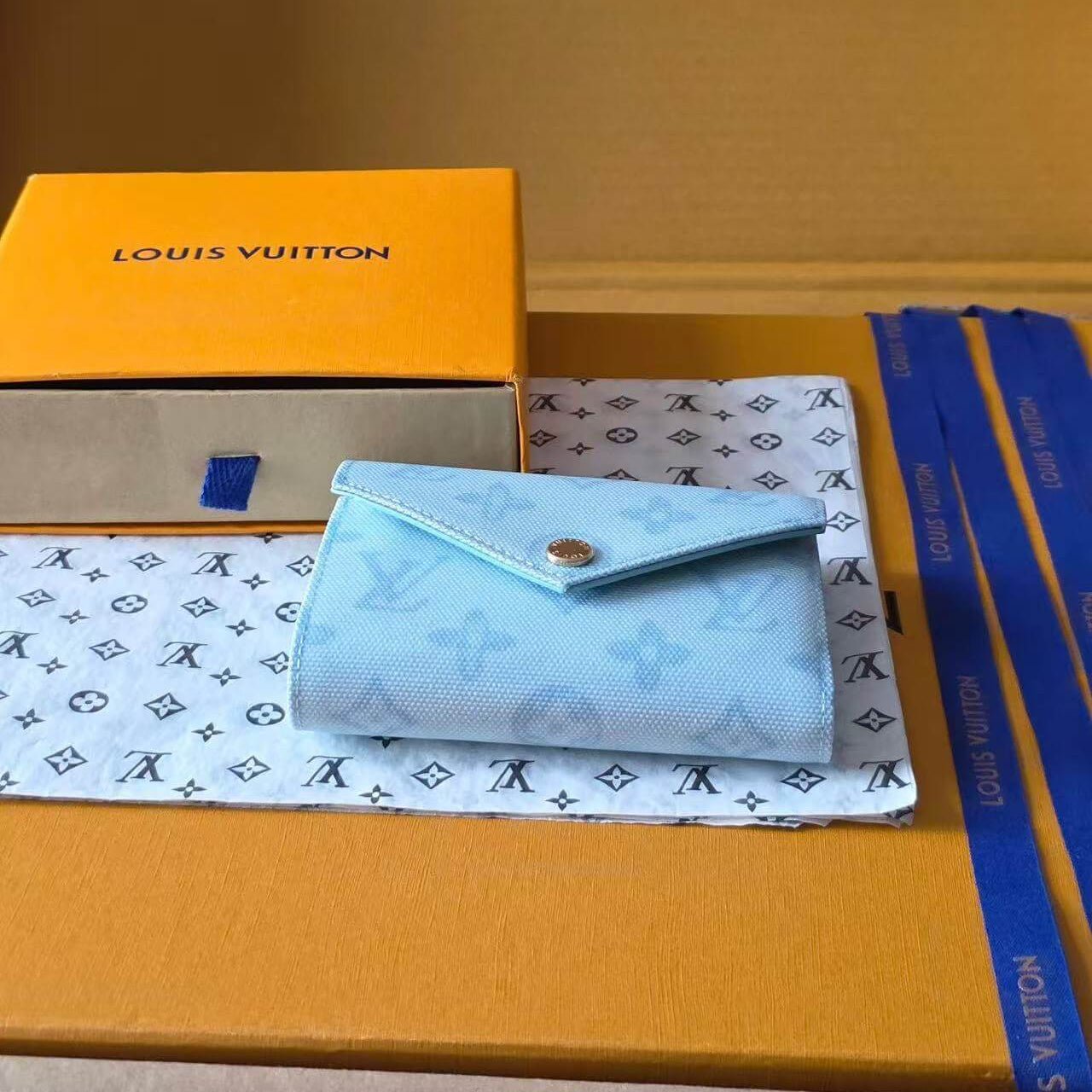 Premium Grained Leather Victorine Style Wallet | Compact Tri - Fold Monogram Purse (12 x 9.5 x 2.5 cm) | Sky Blue Luxury Inspired Small Leather Good - Aruary Studio ｜ Artisanal Jewelry