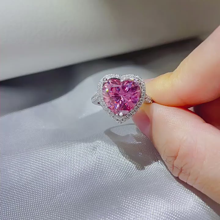 grand 5 carat 5.0ct heart cut pink moissanite engagement ring in platinum plated s925 silver with heavy clear cz micro pave heart halo