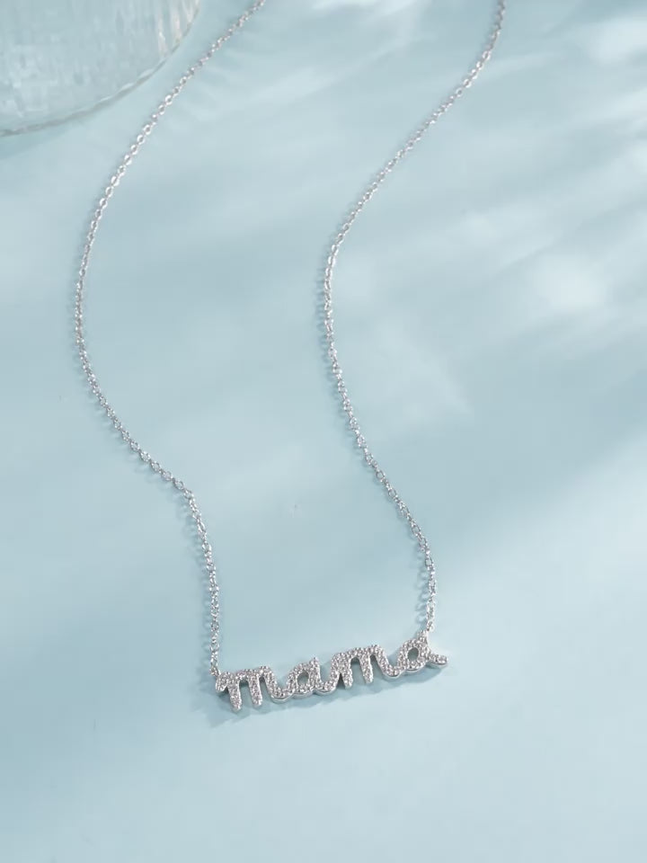 Infinite Love Mama Pavé Script Necklace | 925 Sterling Silver Rhodium Plated Zircon - Aruary Studio
