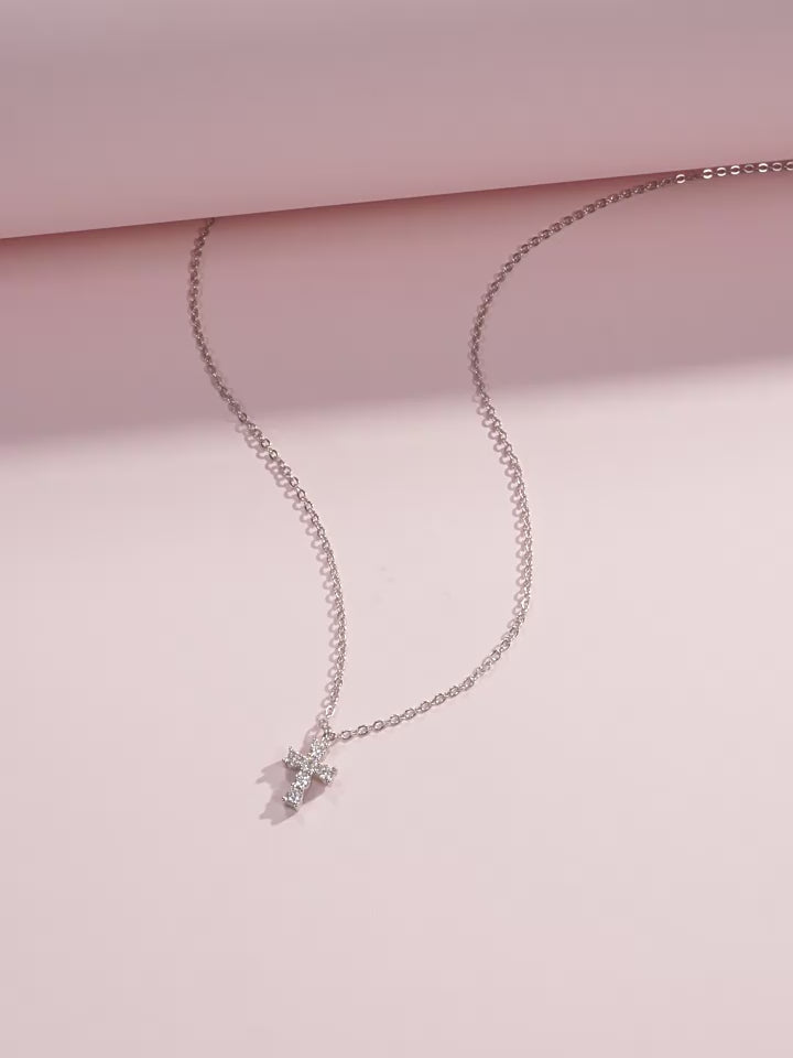 micro cross pendant necklace in platinum plated s925 silver with six claw set 0.03ct round brilliant moissanite stones