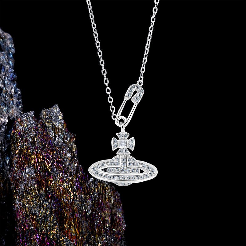 Punk - Style Safety Pin Saturn Necklace | 925 Sterling Silver + 5A Zircon - Edgy Elegance with Adjustable Fit - Aruary Studio ｜ Artisanal Jewelry