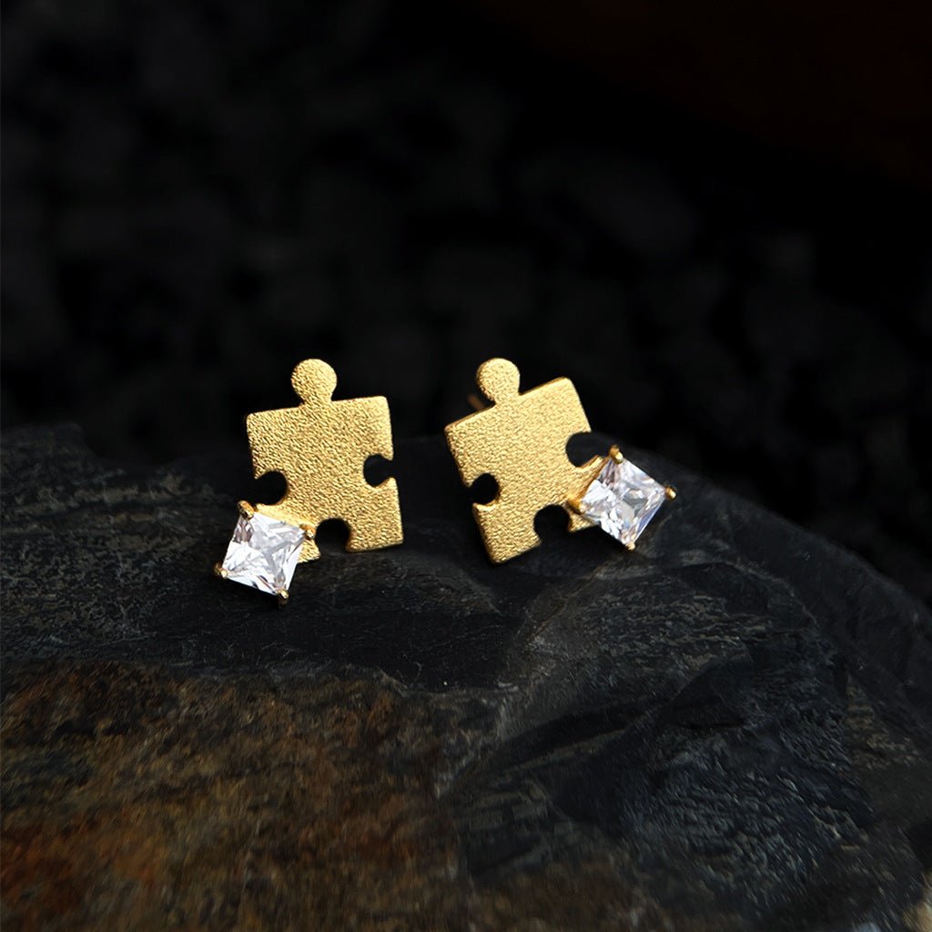 Puzzle Zircon Stud Earrings | 18K Gold Plated Copper + Zircon - Unique Style with Symbolic Sparkle - Aruary Studio ｜ Artisanal Jewelry