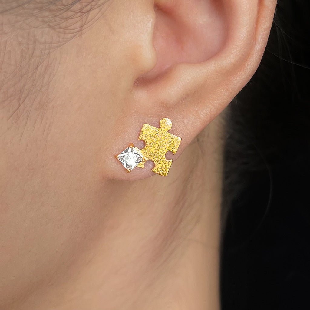 Puzzle Zircon Stud Earrings | 18K Gold Plated Copper + Zircon - Unique Style with Symbolic Sparkle - Aruary Studio ｜ Artisanal Jewelry