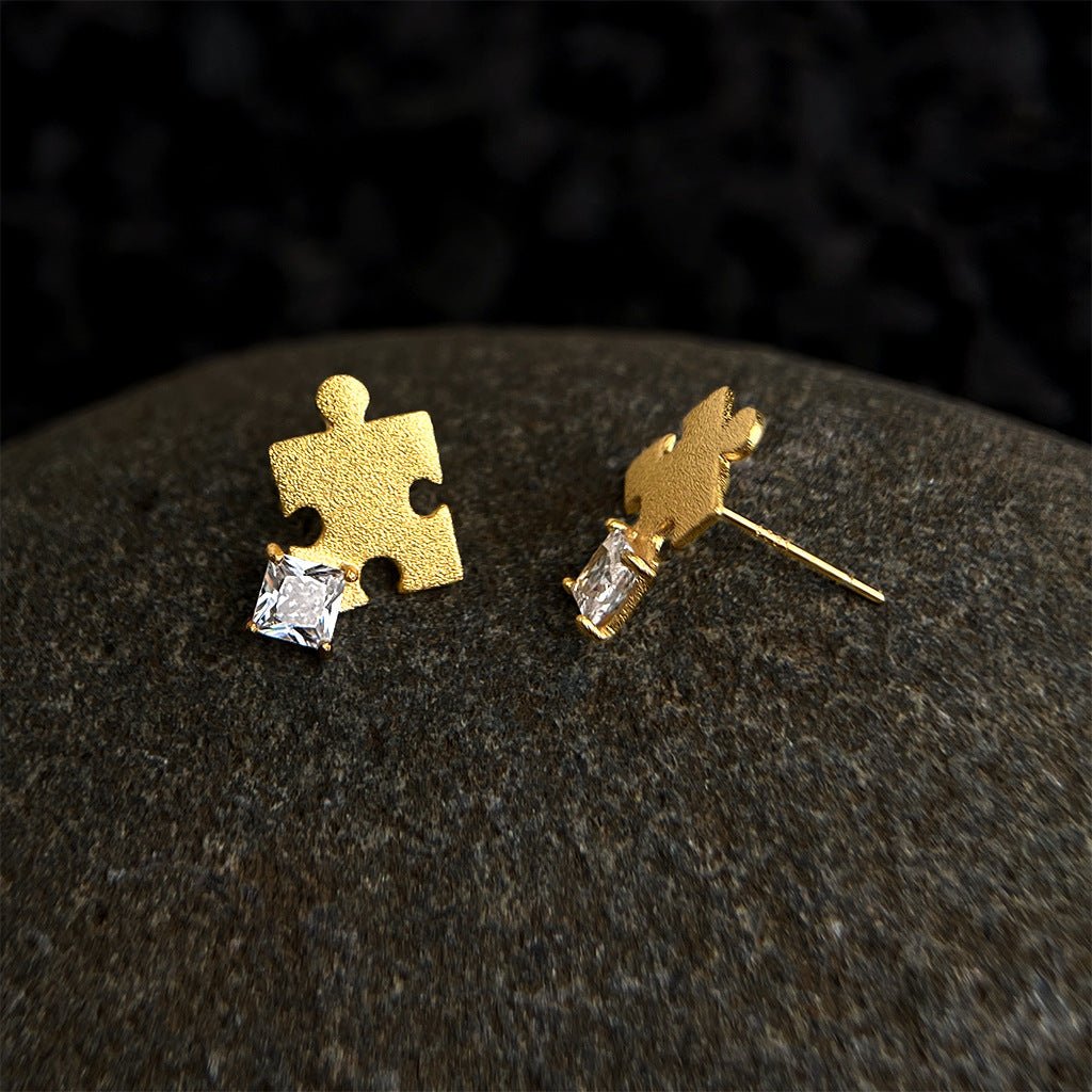 Puzzle Zircon Stud Earrings | 18K Gold Plated Copper + Zircon - Unique Style with Symbolic Sparkle - Aruary Studio ｜ Artisanal Jewelry