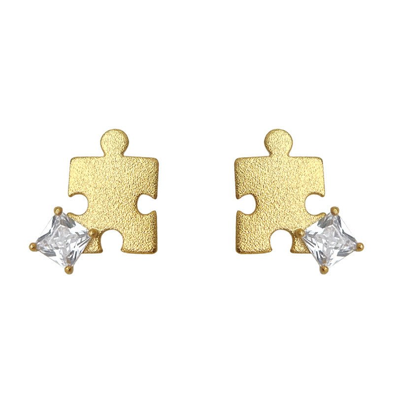 Puzzle Zircon Stud Earrings | 18K Gold Plated Copper + Zircon - Unique Style with Symbolic Sparkle - Aruary Studio ｜ Artisanal Jewelry