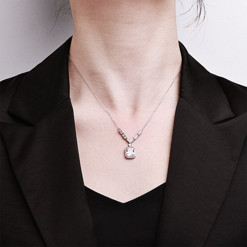 Radiant Pink High - Carbon Diamond Necklace | S925 Sterling Silver Halo Pendant for Women | 39+7cm Adjustable Elegant Chain - Aruary Studio ｜ Artisanal Jewelry