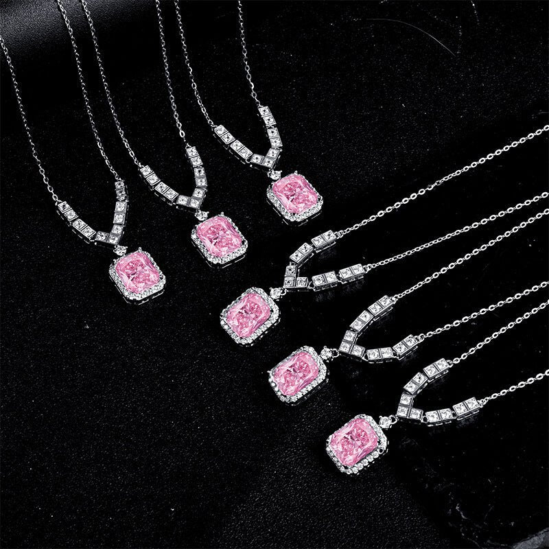 Radiant Pink High - Carbon Diamond Necklace | S925 Sterling Silver Halo Pendant for Women | 39+7cm Adjustable Elegant Chain - Aruary Studio ｜ Artisanal Jewelry