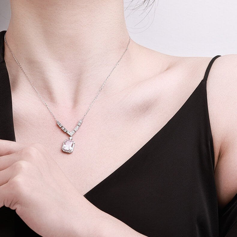 Radiant Pink High - Carbon Diamond Necklace | S925 Sterling Silver Halo Pendant for Women | 39+7cm Adjustable Elegant Chain - Aruary Studio ｜ Artisanal Jewelry