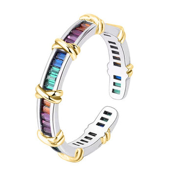 Rainbow Cross Open Ring | 925 Sterling Silver Gold Plated + Colorful Zircon - Symbol of Diversity & Bold Individuality - Aruary Studio ｜ Artisanal Jewelry