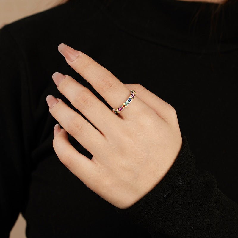 Rainbow Cross Open Ring | 925 Sterling Silver Gold Plated + Colorful Zircon - Symbol of Diversity & Bold Individuality - Aruary Studio ｜ Artisanal Jewelry