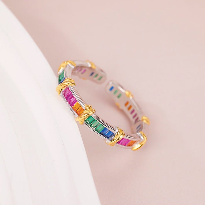 Rainbow Cross Open Ring | 925 Sterling Silver Gold Plated + Colorful Zircon - Symbol of Diversity & Bold Individuality - Aruary Studio ｜ Artisanal Jewelry