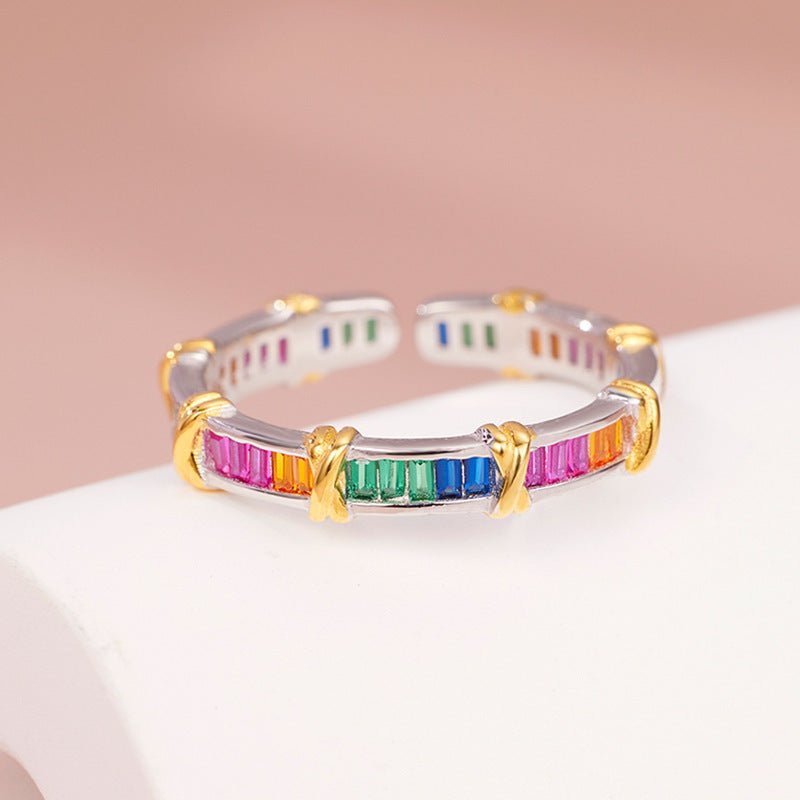 Rainbow Cross Open Ring | 925 Sterling Silver Gold Plated + Colorful Zircon - Symbol of Diversity & Bold Individuality - Aruary Studio ｜ Artisanal Jewelry