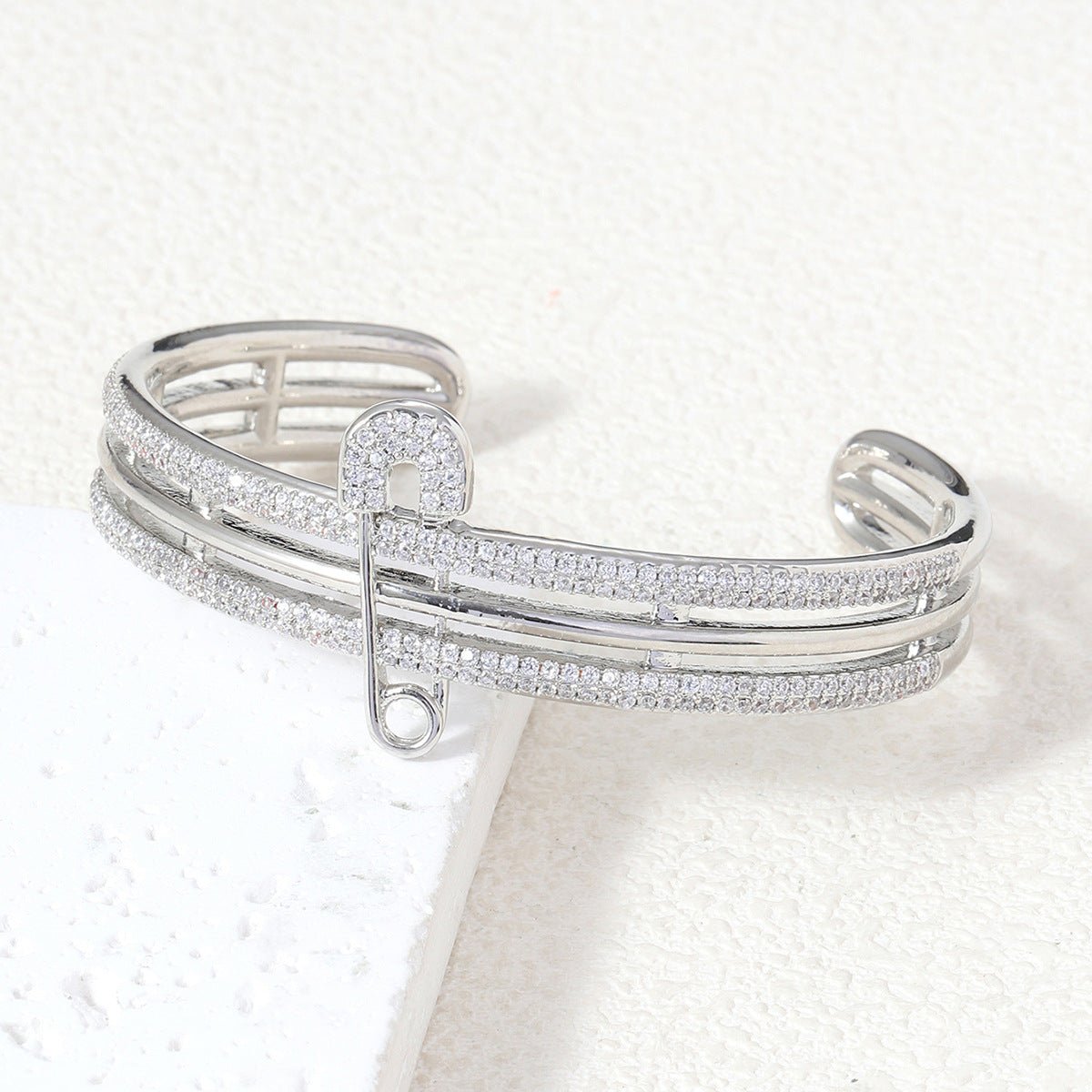 Rebel Luxe Safety Pin Bangle | Oversized Cuff Bracelet | Asymmetric Cubic Zirconia Jewelry - Aruary Studio ｜ Artisanal Jewelry