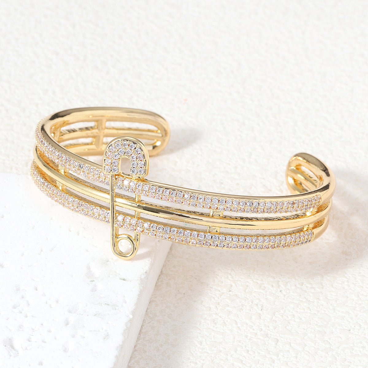 Rebel Luxe Safety Pin Bangle | Oversized Cuff Bracelet | Asymmetric Cubic Zirconia Jewelry - Aruary Studio ｜ Artisanal Jewelry