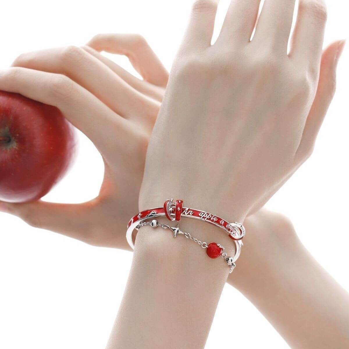 Red Apple Charm Bangle Bracelet – Handcrafted Layered Silver Bracelet for Women, Meaningful Anniversary Gift - Aruary Studio ｜ Artisanal Jewelry