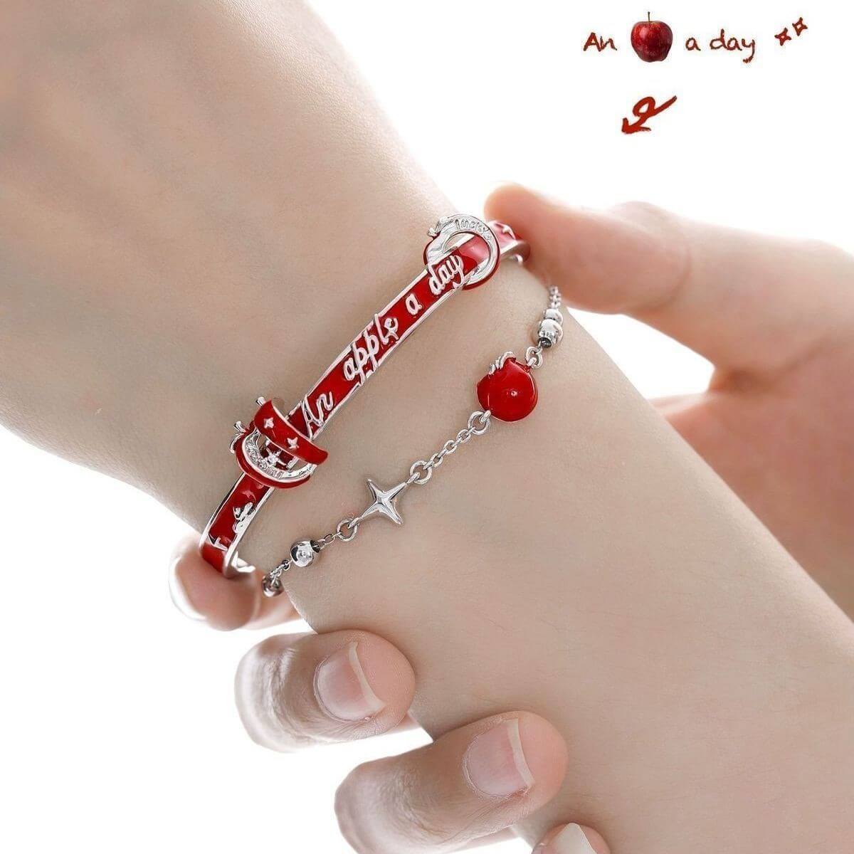 Red Apple Charm Bangle Bracelet – Handcrafted Layered Silver Bracelet for Women, Meaningful Anniversary Gift - Aruary Studio ｜ Artisanal Jewelry