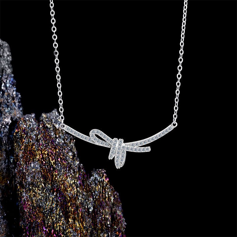 Ribbon Knot Clavicle Necklace | 925 Sterling Silver + 5A Zircon - Sweet Elegance with Adjustable Fit - Aruary Studio ｜ Artisanal Jewelry