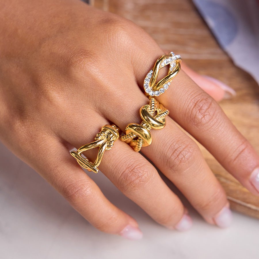“Rope Knot Zircon” Gold Plated Titanium Steel Ring - Hypoallergenic Statement Rings for Stackable Style - Aruary Studio ｜ Artisanal Jewelry