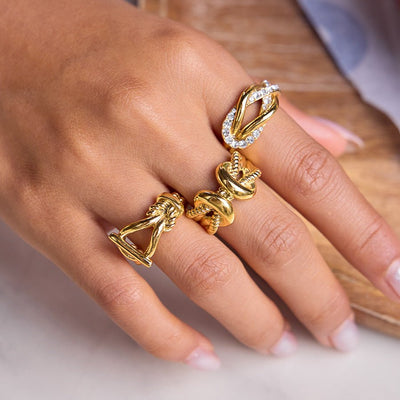 “Rope Knot Zircon” Gold Plated Titanium Steel Ring - Hypoallergenic Statement Rings for Stackable Style - Aruary Studio ｜ Artisanal Jewelry