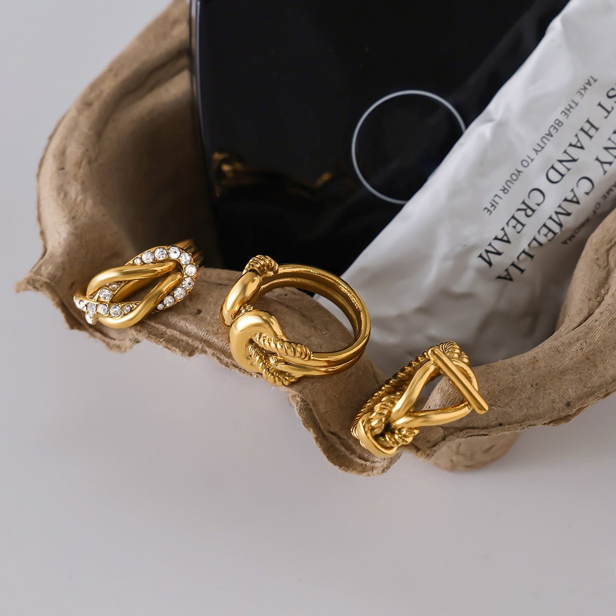 “Rope Knot Zircon” Gold Plated Titanium Steel Ring - Hypoallergenic Statement Rings for Stackable Style - Aruary Studio ｜ Artisanal Jewelry