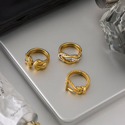 “Rope Knot Zircon” Gold Plated Titanium Steel Ring - Hypoallergenic Statement Rings for Stackable Style - Aruary Studio ｜ Artisanal Jewelry