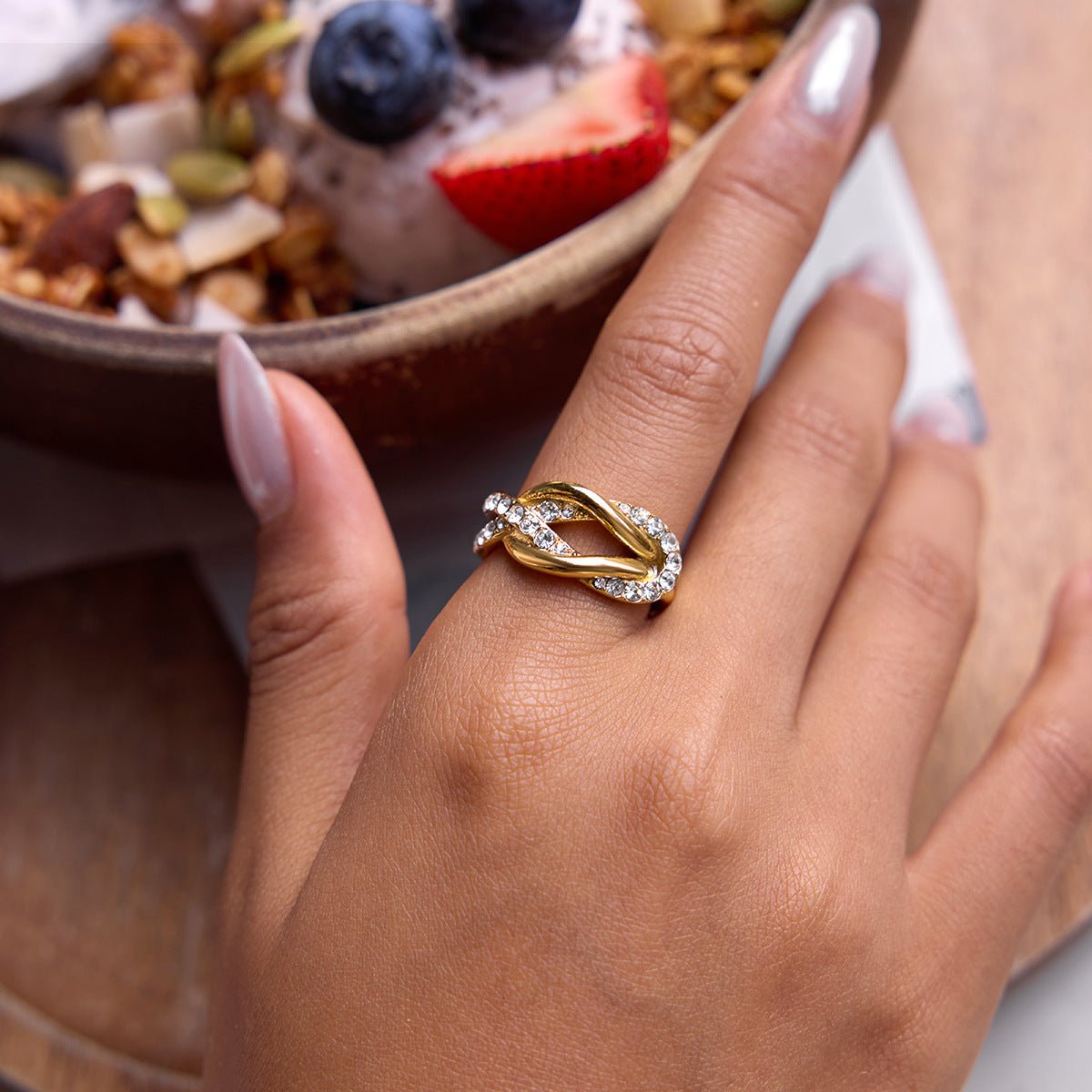 “Rope Knot Zircon” Gold Plated Titanium Steel Ring - Hypoallergenic Statement Rings for Stackable Style - Aruary Studio ｜ Artisanal Jewelry