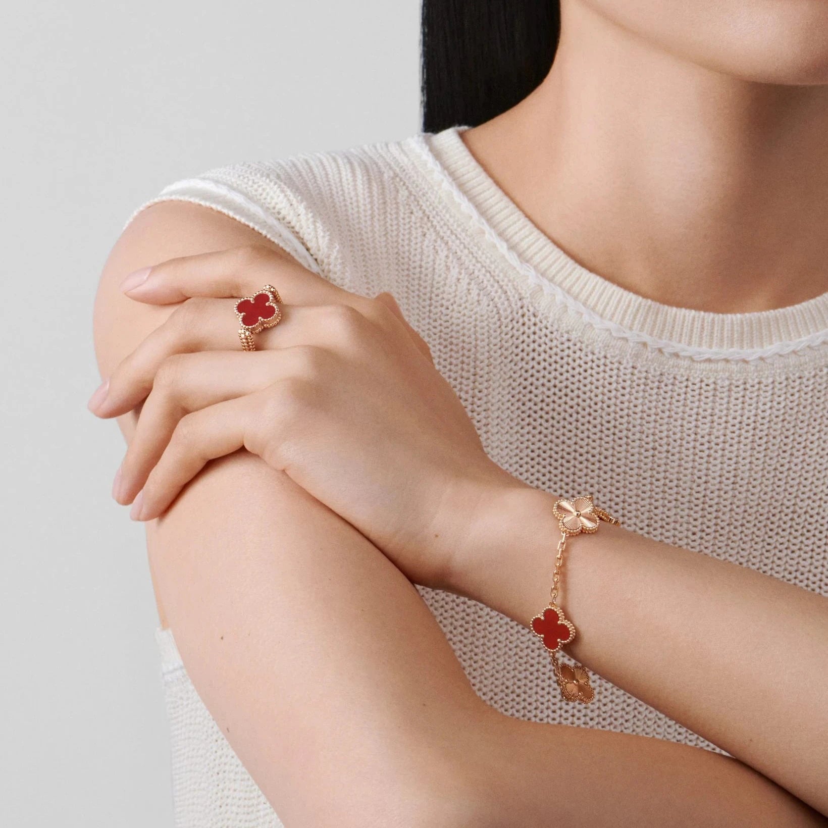 Rose Gold Plated Carnelian Clover Bracelet - 925 Sterling Silver Adjustable Lucky Charm Jewelry - Aruary Studio ｜ Artisanal Jewelry