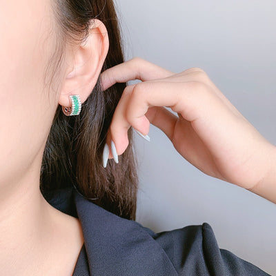 S925 Sterling Silver Micro - Inlaid Zircon Square Hoop Earrings | White & Green Zircon - 3D Geometric Elegance with Dazzling Sparkle - Aruary Studio ｜ Artisanal Jewelry