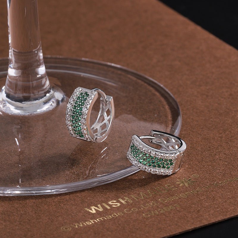 S925 Sterling Silver Micro - Inlaid Zircon Square Hoop Earrings | White & Green Zircon - 3D Geometric Elegance with Dazzling Sparkle - Aruary Studio ｜ Artisanal Jewelry