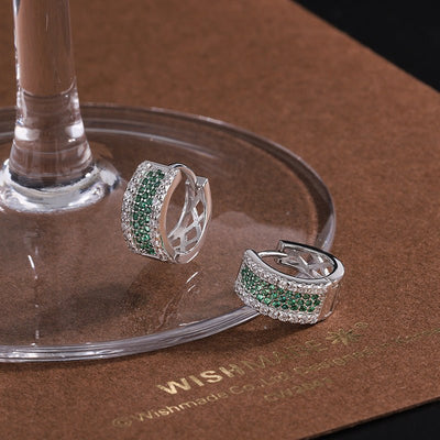 S925 Sterling Silver Micro - Inlaid Zircon Square Hoop Earrings | White & Green Zircon - 3D Geometric Elegance with Dazzling Sparkle - Aruary Studio ｜ Artisanal Jewelry