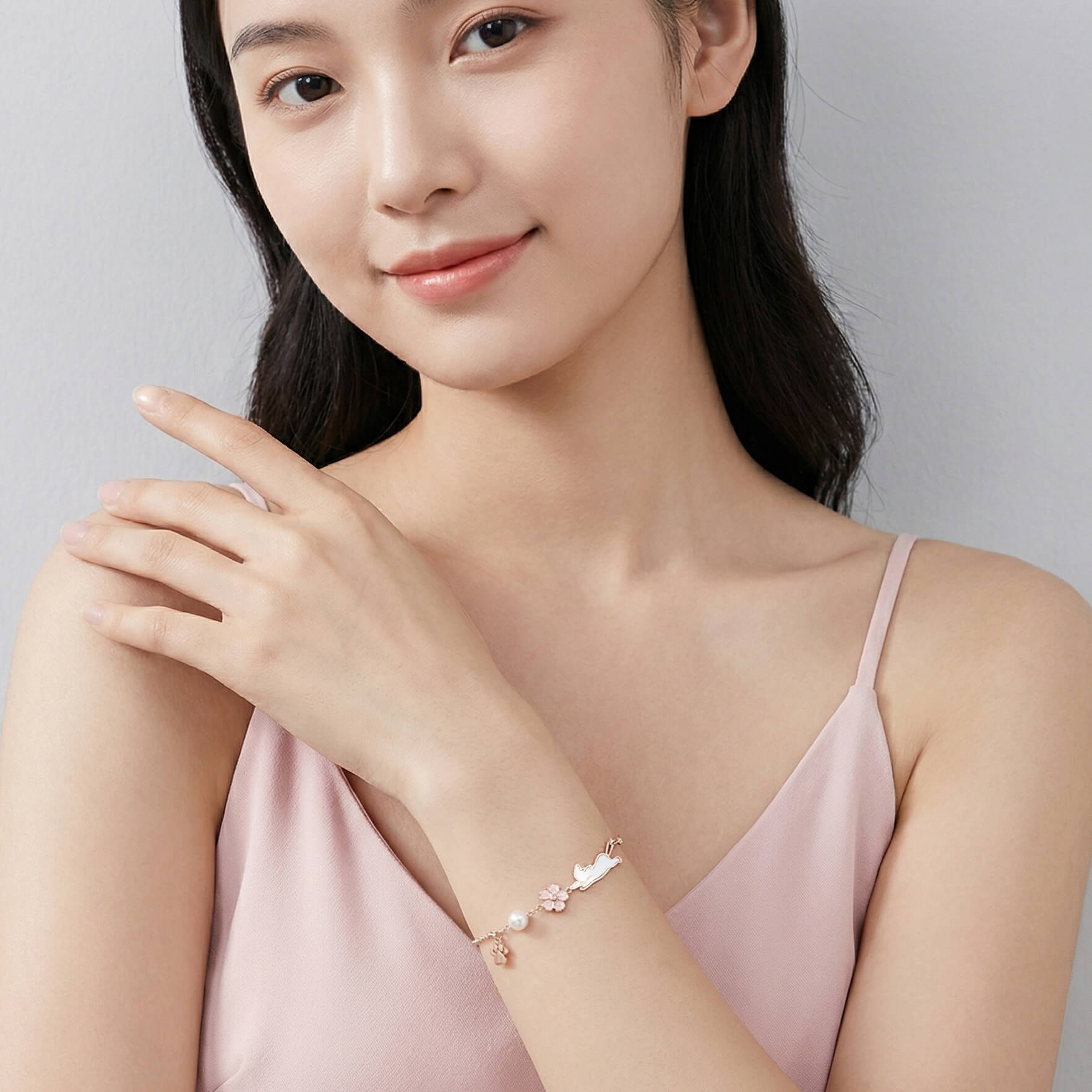 Sakura Cat Charm Bracelet - Rose Gold Peach Blossom Jewelry for Cat Lovers & Teens - Aruary Studio ｜ Artisanal Jewelry