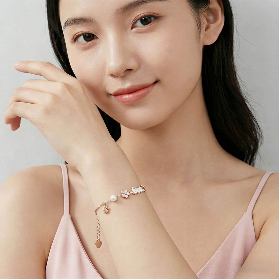 Sakura Cat Charm Bracelet - Rose Gold Peach Blossom Jewelry for Cat Lovers & Teens - Aruary Studio ｜ Artisanal Jewelry