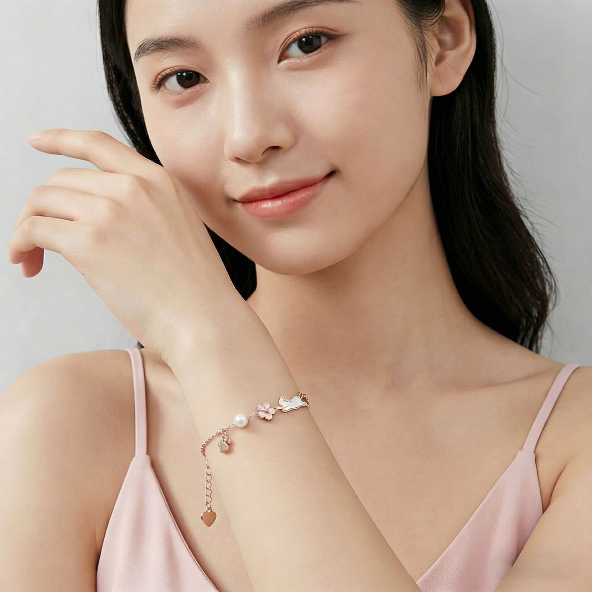 Sakura Cat Charm Bracelet - Rose Gold Peach Blossom Jewelry for Cat Lovers & Teens - Aruary Studio ｜ Artisanal Jewelry